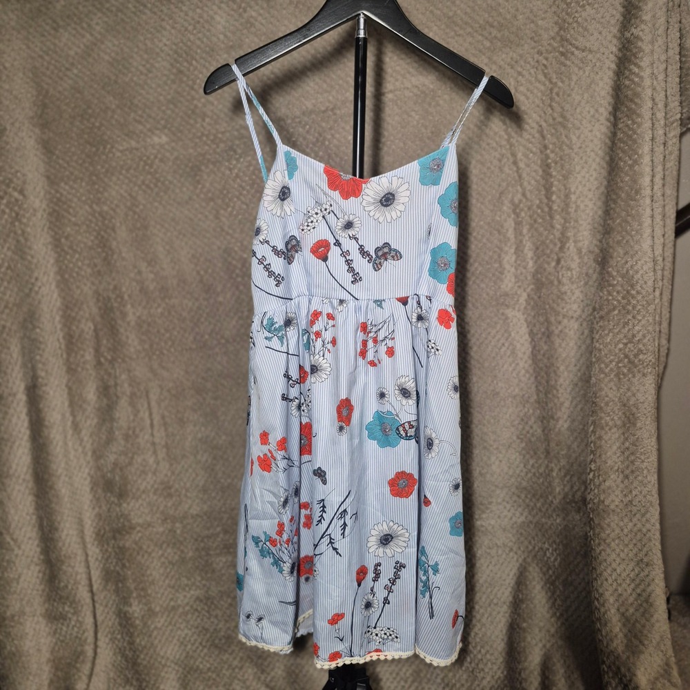 Hayden Los Angeles Blue Striped Floral Butterfly Cotton Sun Dress Small H5320